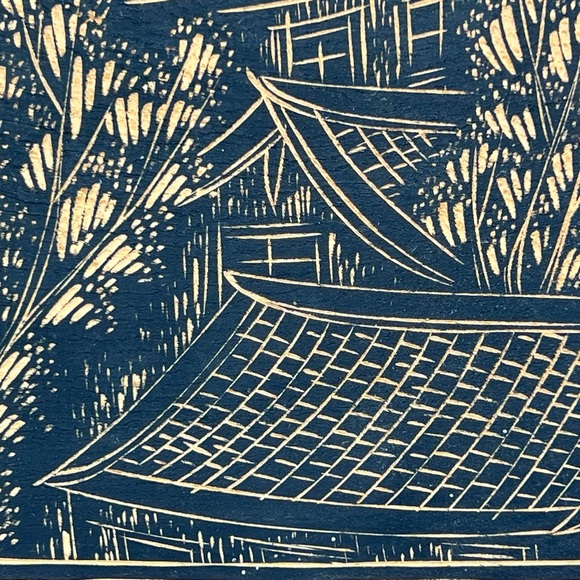 Engraved Wood Wall Art Japanese Village Painted Black 11-3/4”W x 7-1/4”H EUC - Picture 4 of 5